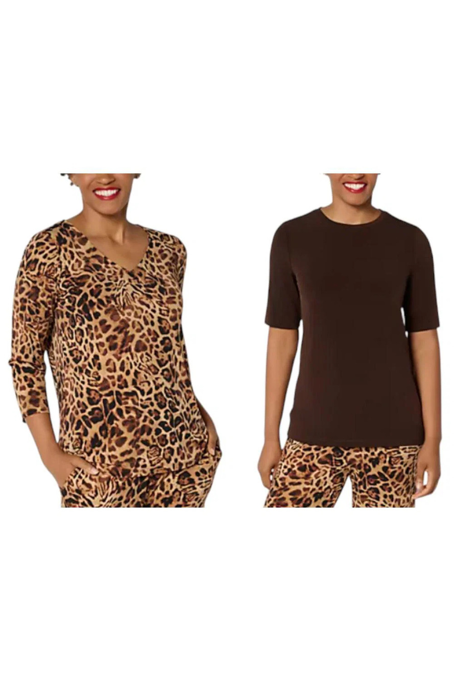 Susan Graver Women's 2pk Liquid Knit Print & Solid Tops Leopard/Cocoa - Plus